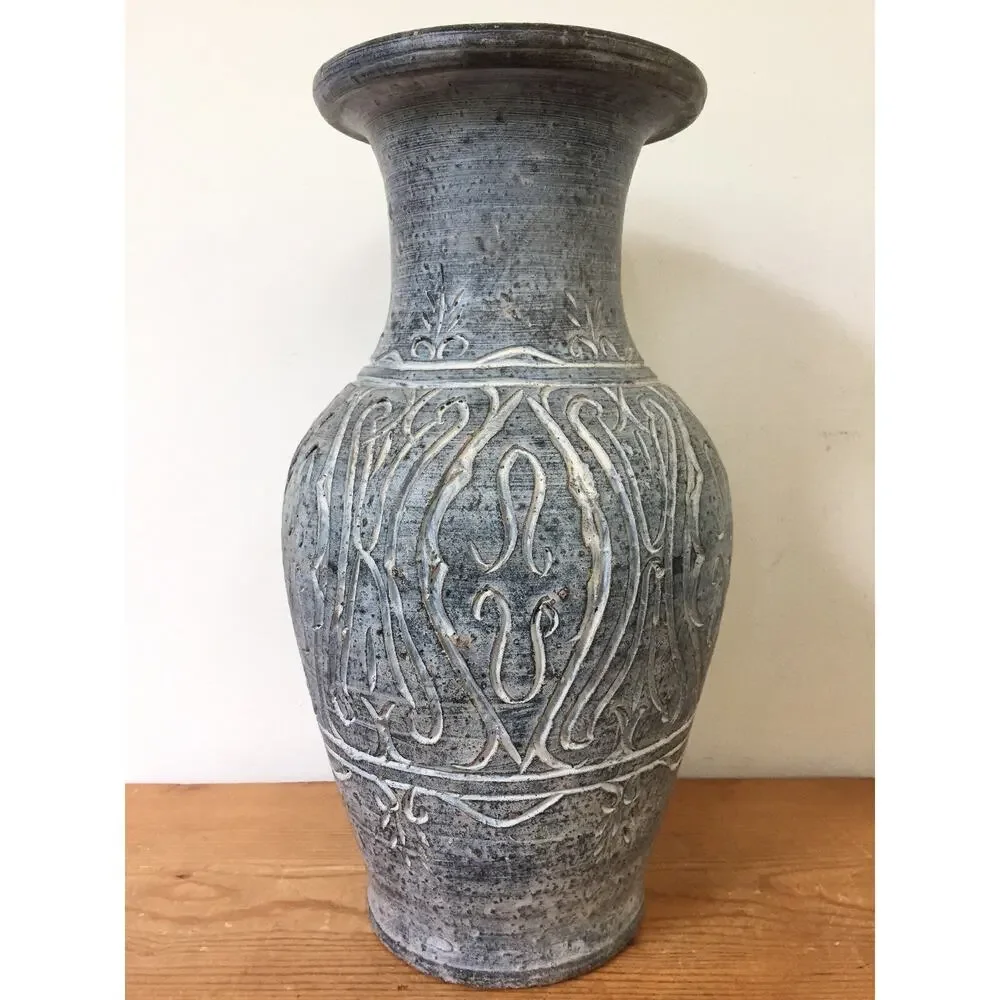 Vtg Hand Thrown Art Studio Earthenware Blue Matte Arabesque 14